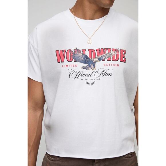 boohooMAN White Worldwide Eagle Graphic Tee Streetwear Retro Vibe Aesthetic NEW - Picture 3 of 9